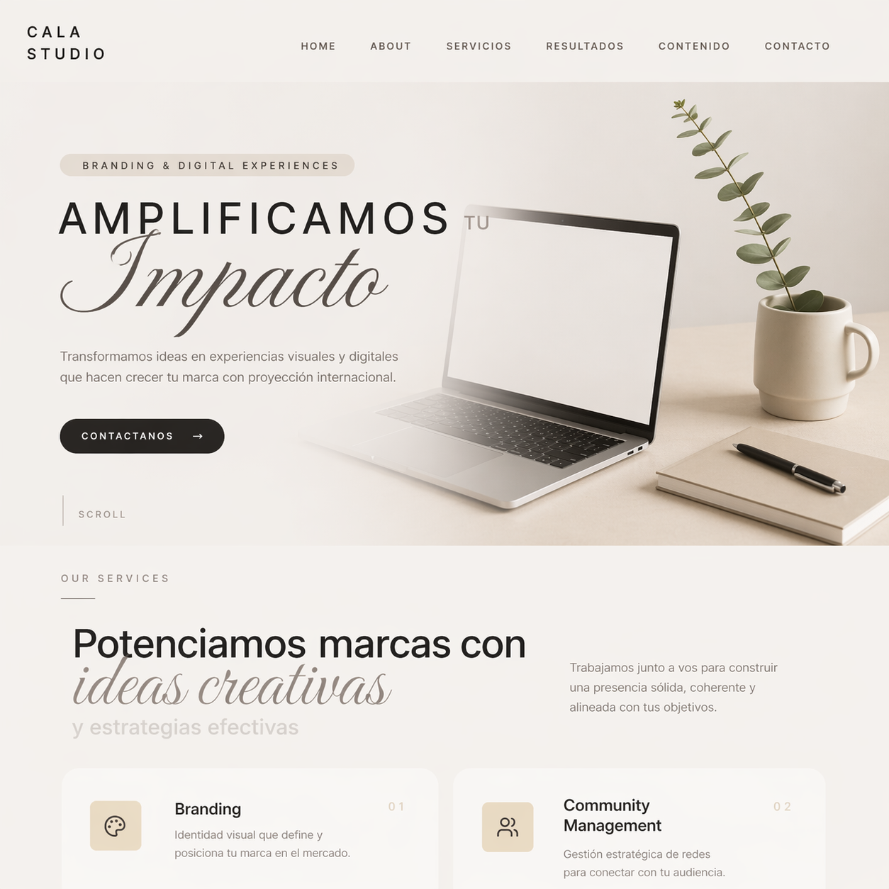 Captura de pantalla de Cala Studio, landing institucional para agencia creativa de branding