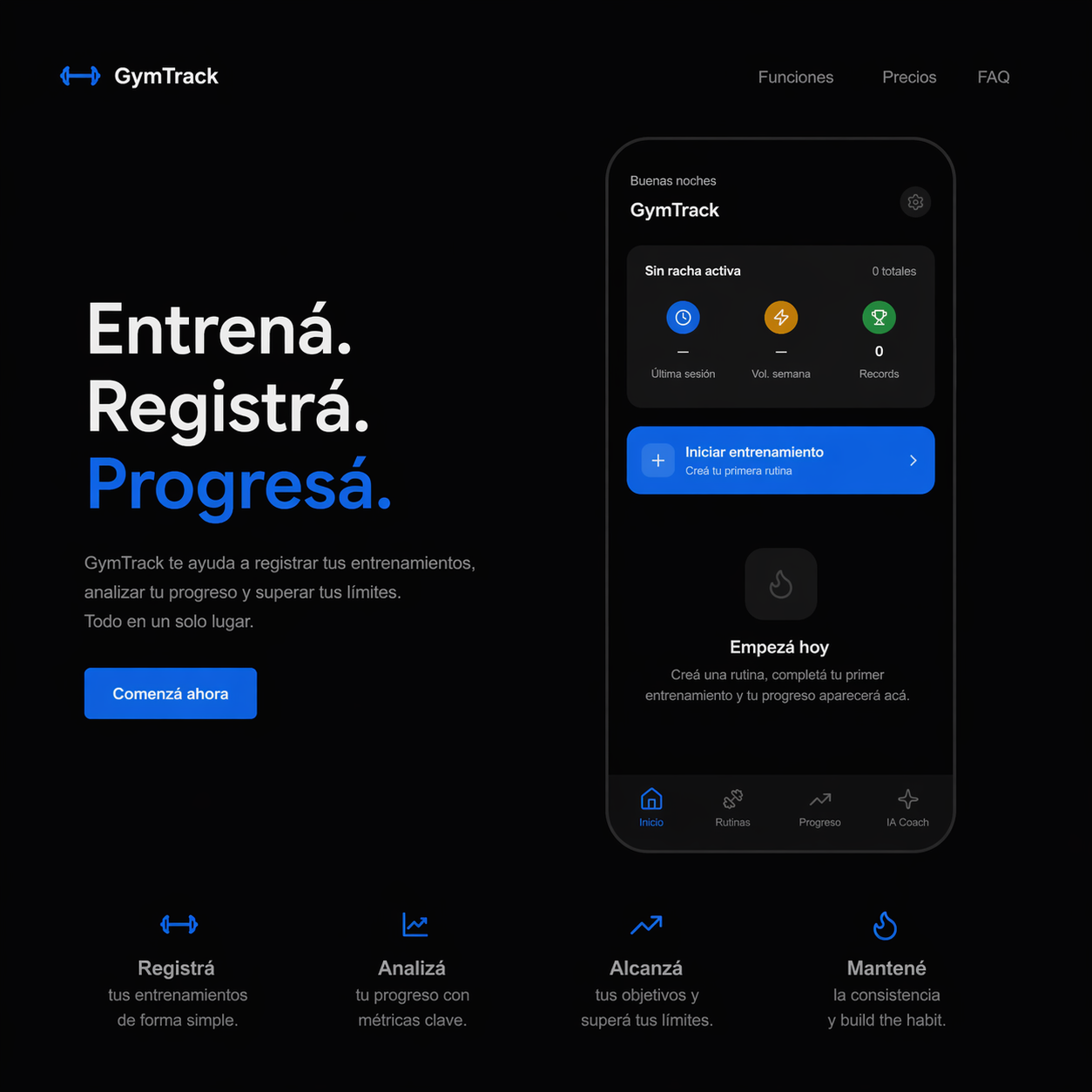 Captura de pantalla de GymTrack, app PWA de seguimiento de rutinas con coach de IA
